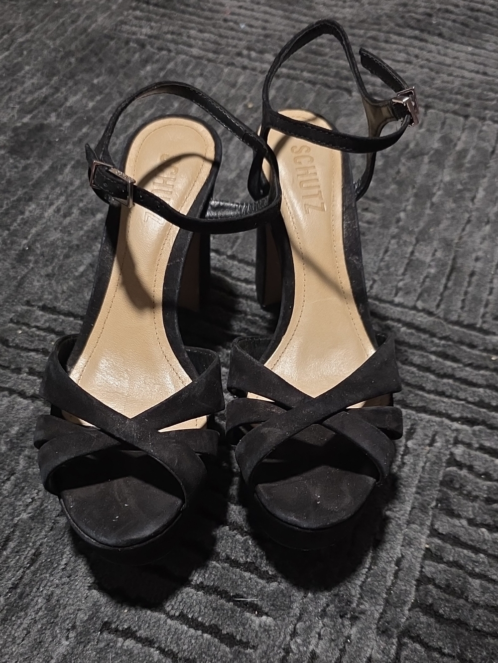SCHUTZ Black Suede Crisscross Ankle Strap Platform Heels